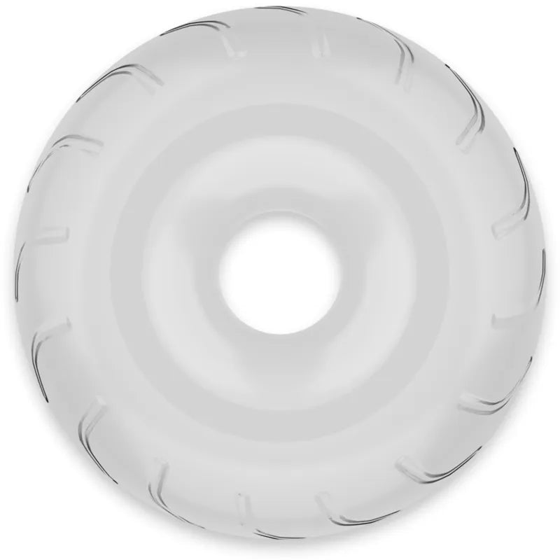Anneau pénien transparent hypoallergénique en TPE, extensible, circulaire, avec rainures pour confort et soutien optimal.