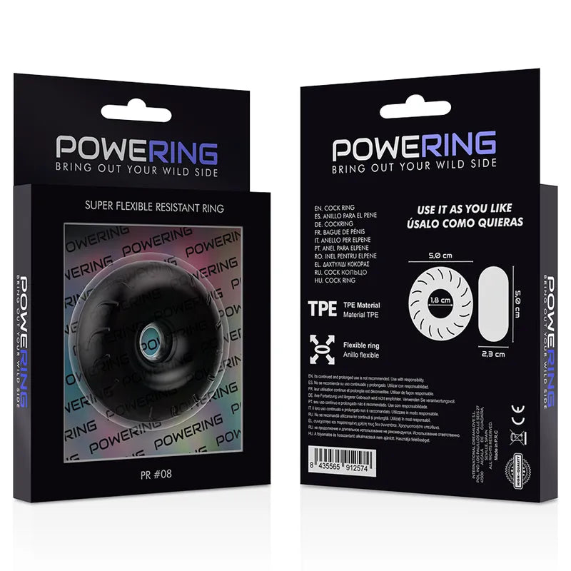 Anneau pénien noir Powering en TPE hypoallergénique, design circulaire, emballage moderne, confort et endurance.