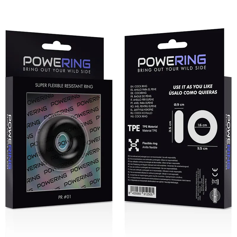 Anneau pénien noir TPE hypoallergénique, flexible, dans emballage PowerRing, améliore confort et maintien érection.