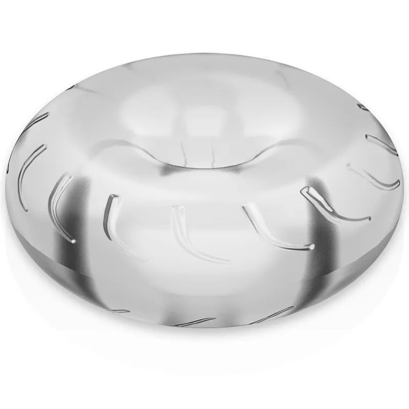 Anneau pénien transparent en TPE hypoallergénique, extensible, circulaire, avec motifs texturés pour érection prolongée.