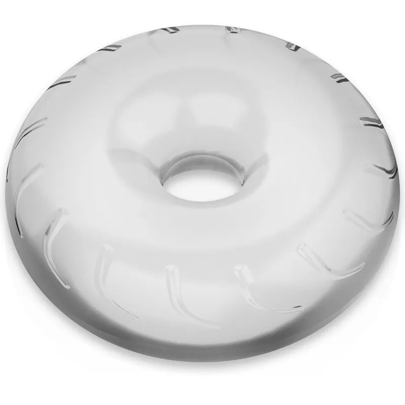 Anneau pénien transparent en TPE hypoallergénique, extensible, circulaire, avec texture douce et surface lisse.