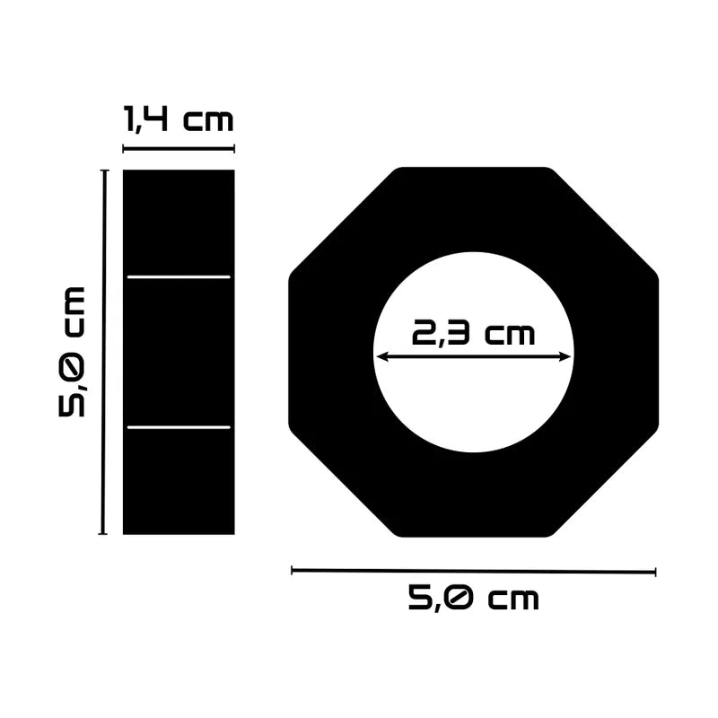 Anneau pénien hypoallergénique TPE noir, forme octogonale, dimensions 5x5 cm, pour confort et érections prolongées.