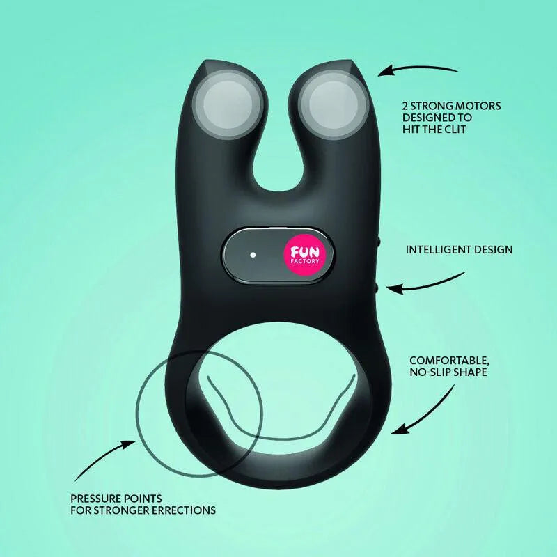 Anneau pénien vibrant noir silicone, double moteur, design ergonomique, stimulation clitoridienne, prolongation érection.