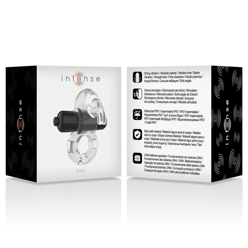 Anneau pénien vibrant noir transparent, stimulation clitoridienne, ergonomique, étanche IPX7, emballage Intense.