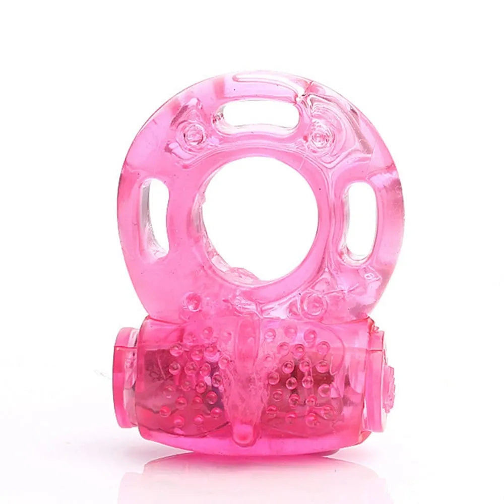 Anneau pénien vibrant rose transparent en TPR, extensible, avec surface texturée pour stimulation et prolongation du plaisir.
