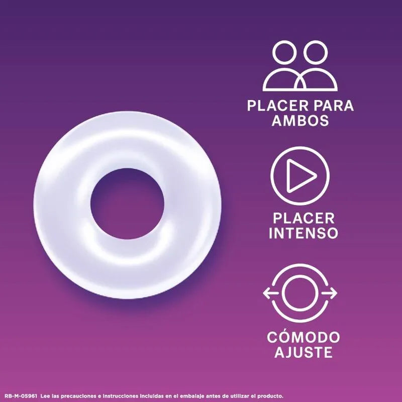 Anneau érectile Durex blanc, élastique et doux, sur fond violet avec icônes de plaisir intense et confort pour deux.