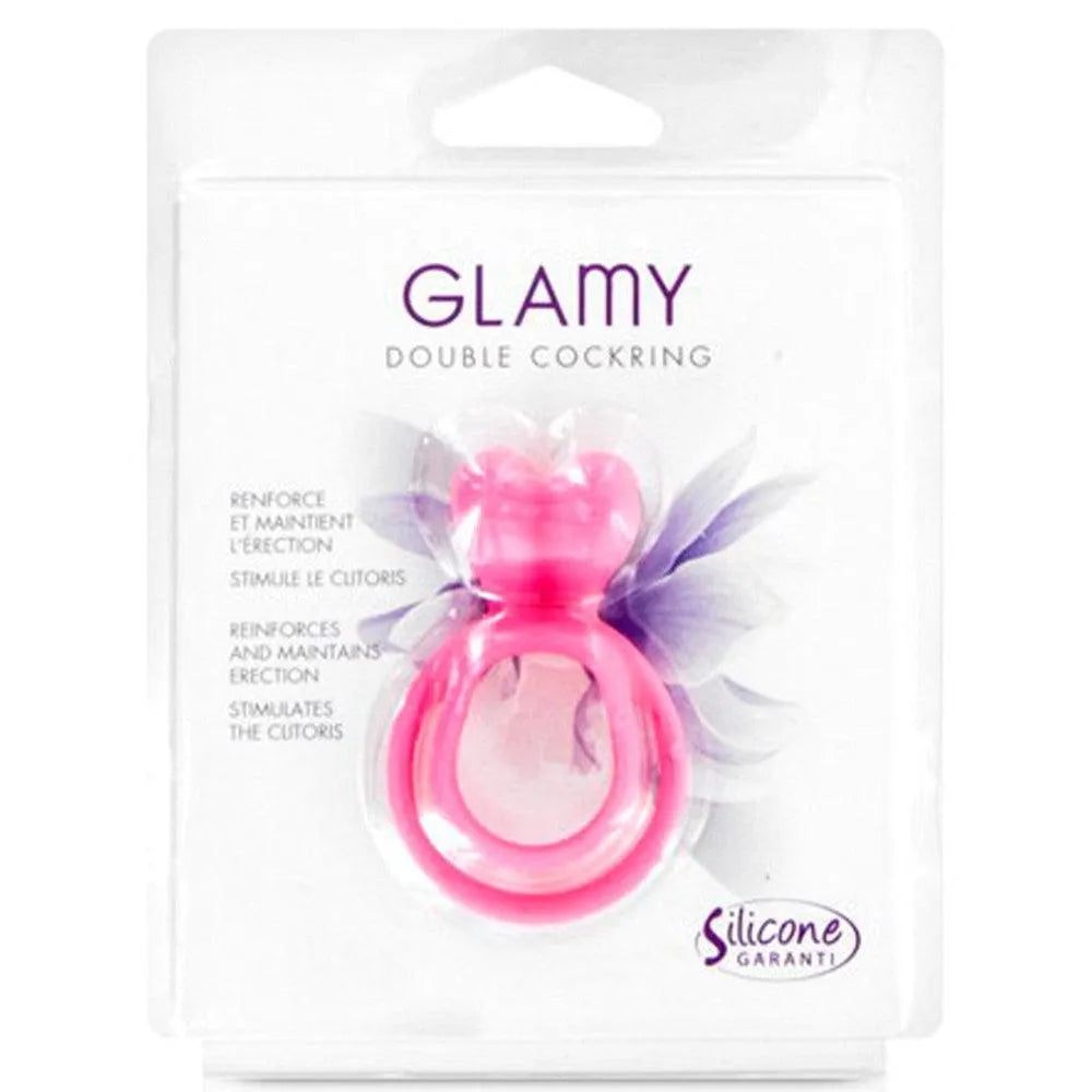 Anneau pénien rose double, oreilles stimulantes clitoris, silicone sans phtalates, diamètre 3 cm, emballage transparent.