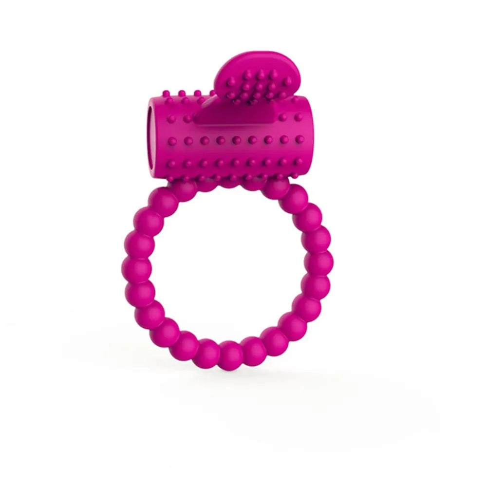 Anneau vibrant pénien fuchsia avec moteur puissant, langue silicone à picots pour stimulation clitoridienne, extensible.