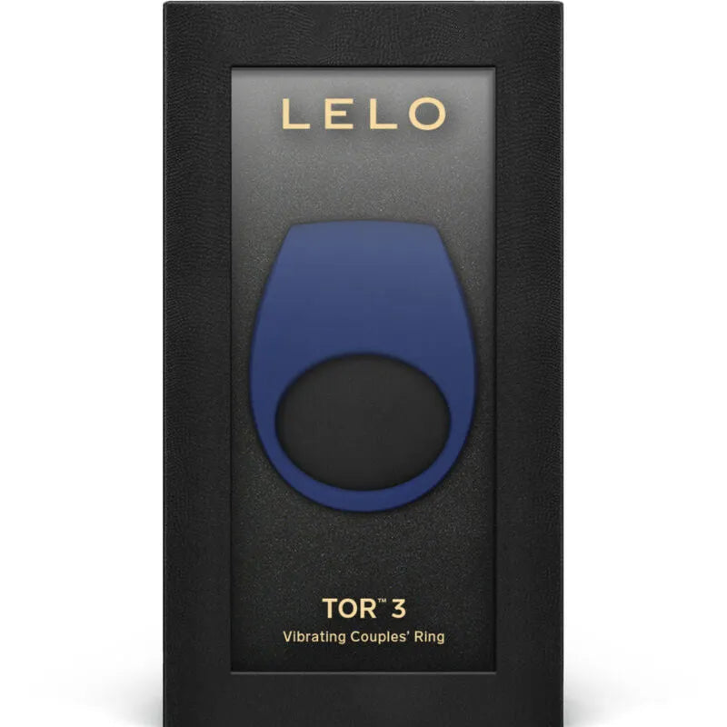 Anneau vibrant connecté bleu en silicone, ergonomique et discret, dans un emballage noir avec logo LELO pour couples.