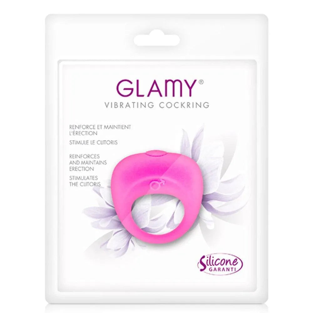 Anneau vibrant rose silicone doux, design futuriste, waterproof, ergonomique, compact, piles incluses, sans phtalates.