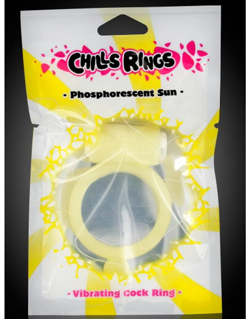 Anneau pénis vibrant jaune phosphorescent avec stimulateur clitoridien, emballage transparent, piles incluses.
