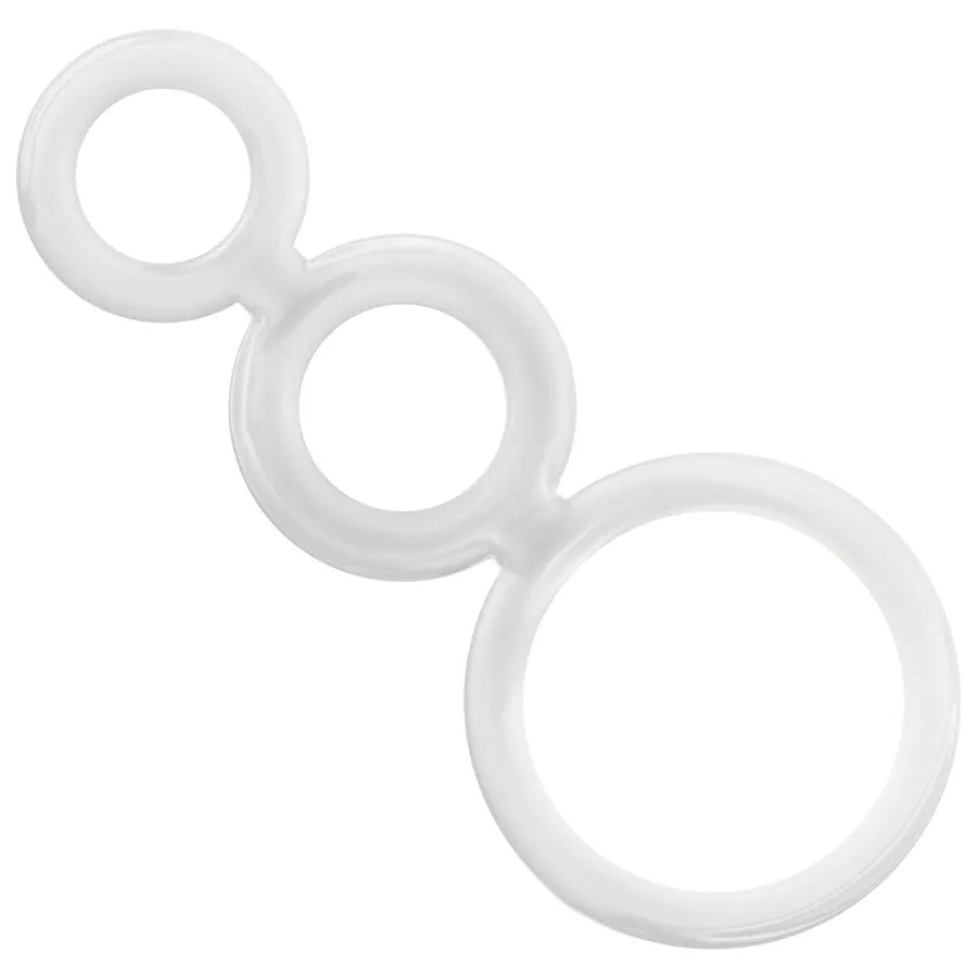 Anneaux pénis en silicone médical, trois tailles, transparents, antidérapants, pour prolongation érection et confort.