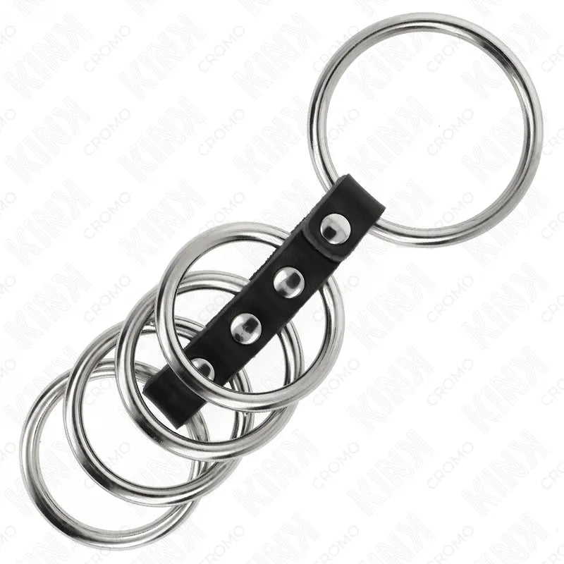 Anneaux péniens BDSM en cuir noir et acier inoxydable, design élégant et ajustable pour confort et contrôle.