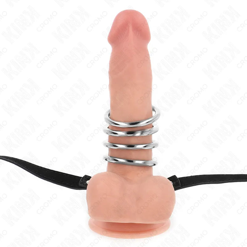Anneaux péniens BDSM en cuir vegan et métal inoxydable, réglables, noirs et argent, sur fond blanc.