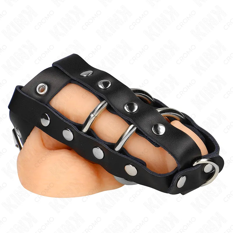 Anneaux pénien réglables en cuir noir avec boutons pression, design élégant pour confort et maîtrise BDSM.