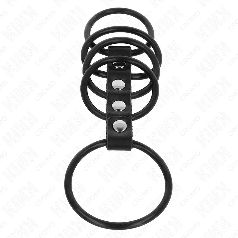 Anneaux péniens BDSM en cuir noir ajustable, design élégant avec boutons argentés, pour stimulation et confort optimal.