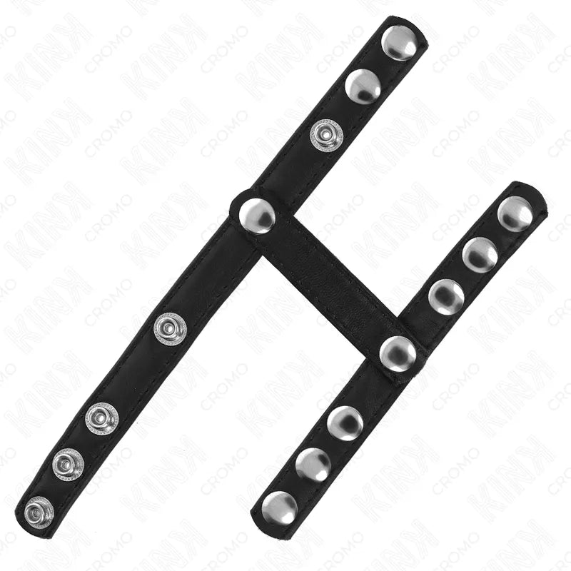 Anneaux péniens BDSM en cuir noir ajustable avec boutons pression, design élégant pour sensations intensifiées et confort.