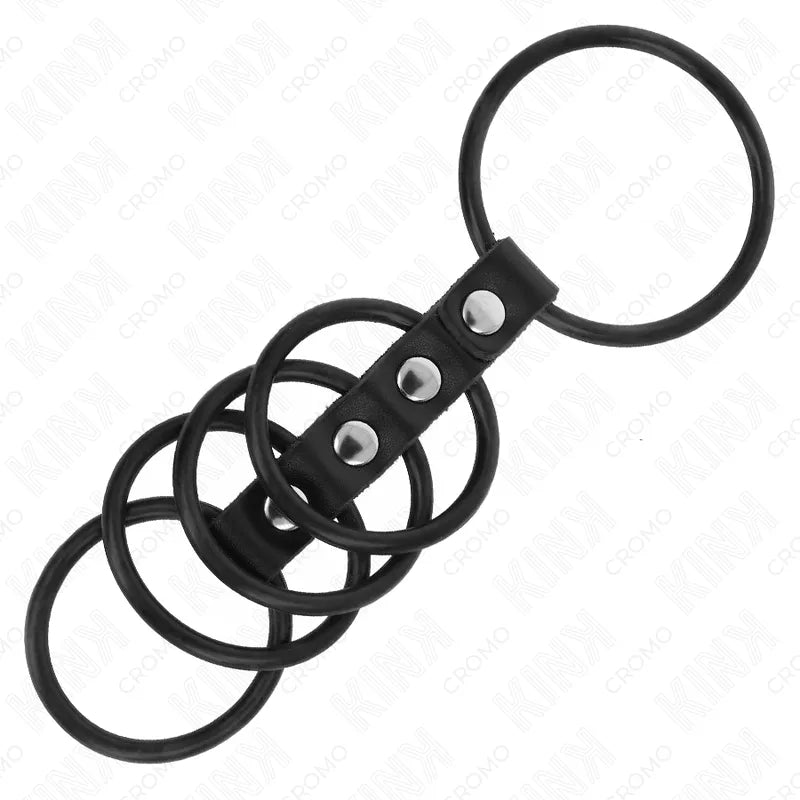 Anneaux péniens BDSM en cuir noir ajustables, design élégant avec boutons argentés pour stimulation et confort.
