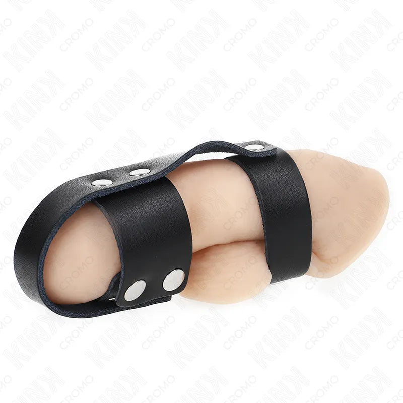 Anneau pénien cuir végan noir réglable, design ergonomique et élégant, idéal pour confort et plaisir BDSM.
