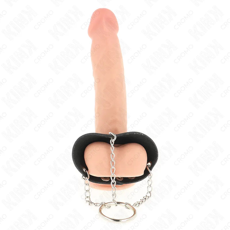 Anneaux péniens cuir noir ajustable avec chaîne, design ergonomique pour stimulation BDSM, luxe et confort.
