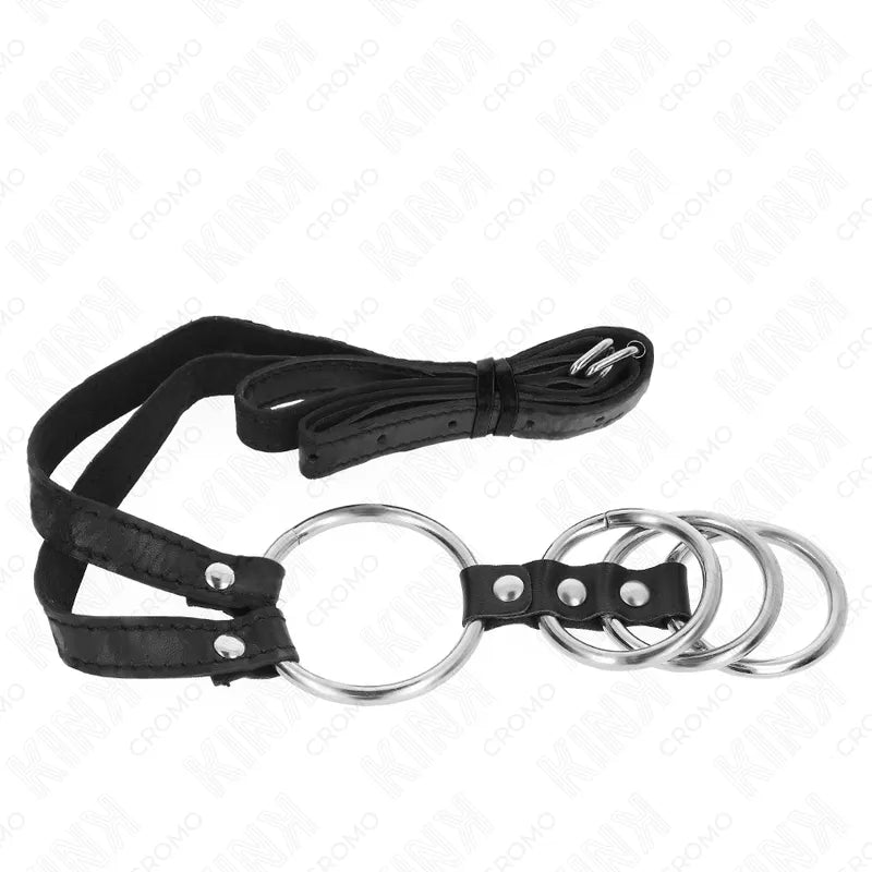 Anneaux péniens BDSM cuir végane noir, ajustables, élégants, avec pinces tétons intégrées, pour confort et stimulation.