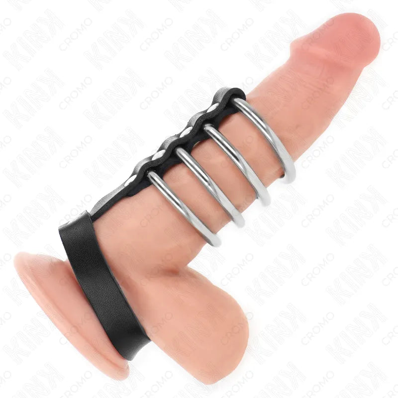 Anneaux péniens réglables en cuir noir et métal, design élégant pour stimulation intense et confort, BDSM.
