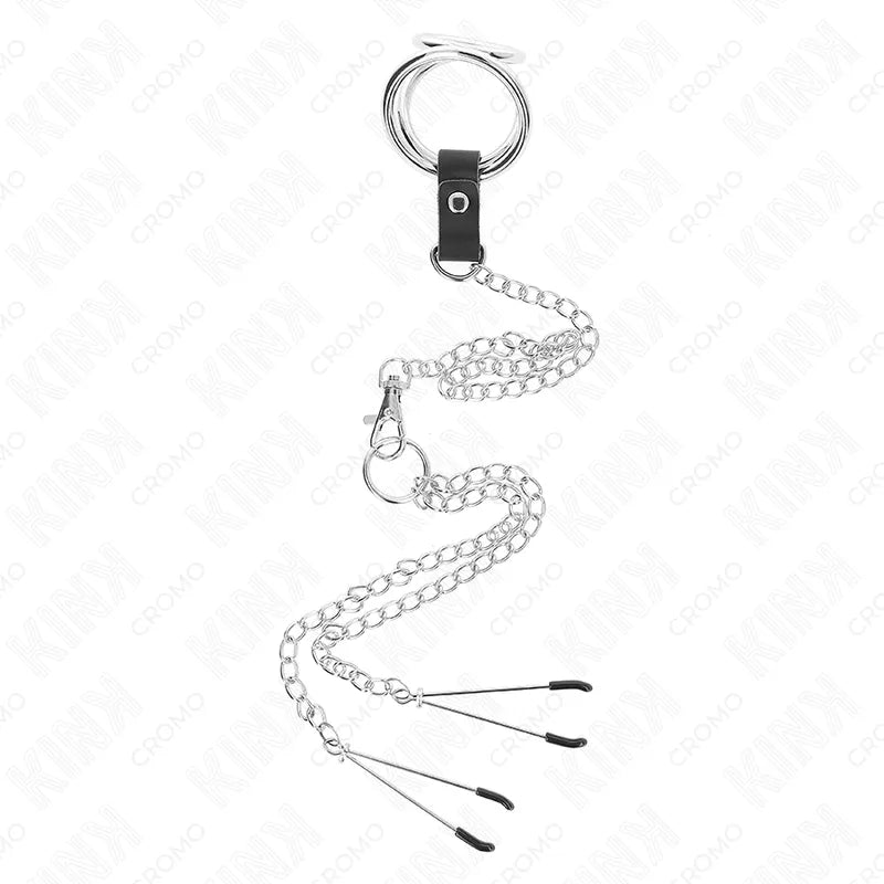 Anneau pénien cuir noir ajustable avec chaînes métalliques et pinces tétons, design élégant et durable pour BDSM.