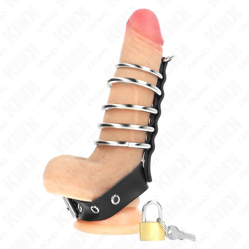 Anneaux péniens cuir noir réglables avec pinces intégrées, offrant stimulation intense et contrôle prolongé, fond blanc.