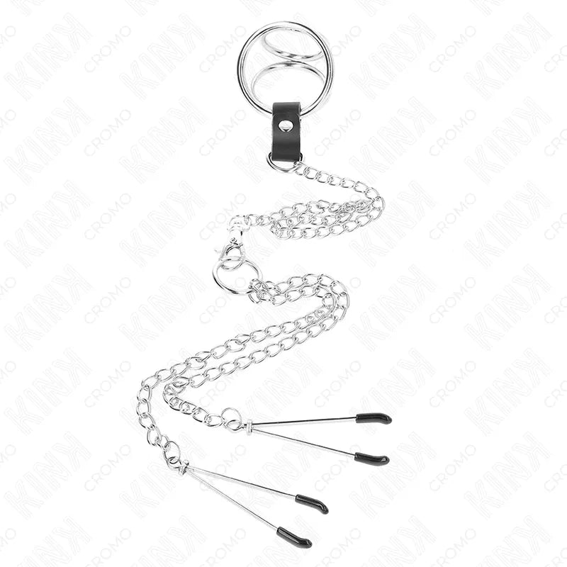 Anneaux péniens cuir ajustables noirs avec chaînes, design BDSM, pour confort et endurance, couleurs noir, marron, rouge.