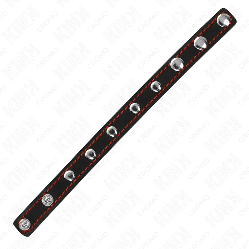 Anneau pénien cuir noir végétalien, ajustable, élégant, avec coutures rouges et boutons pression, pour BDSM luxe.