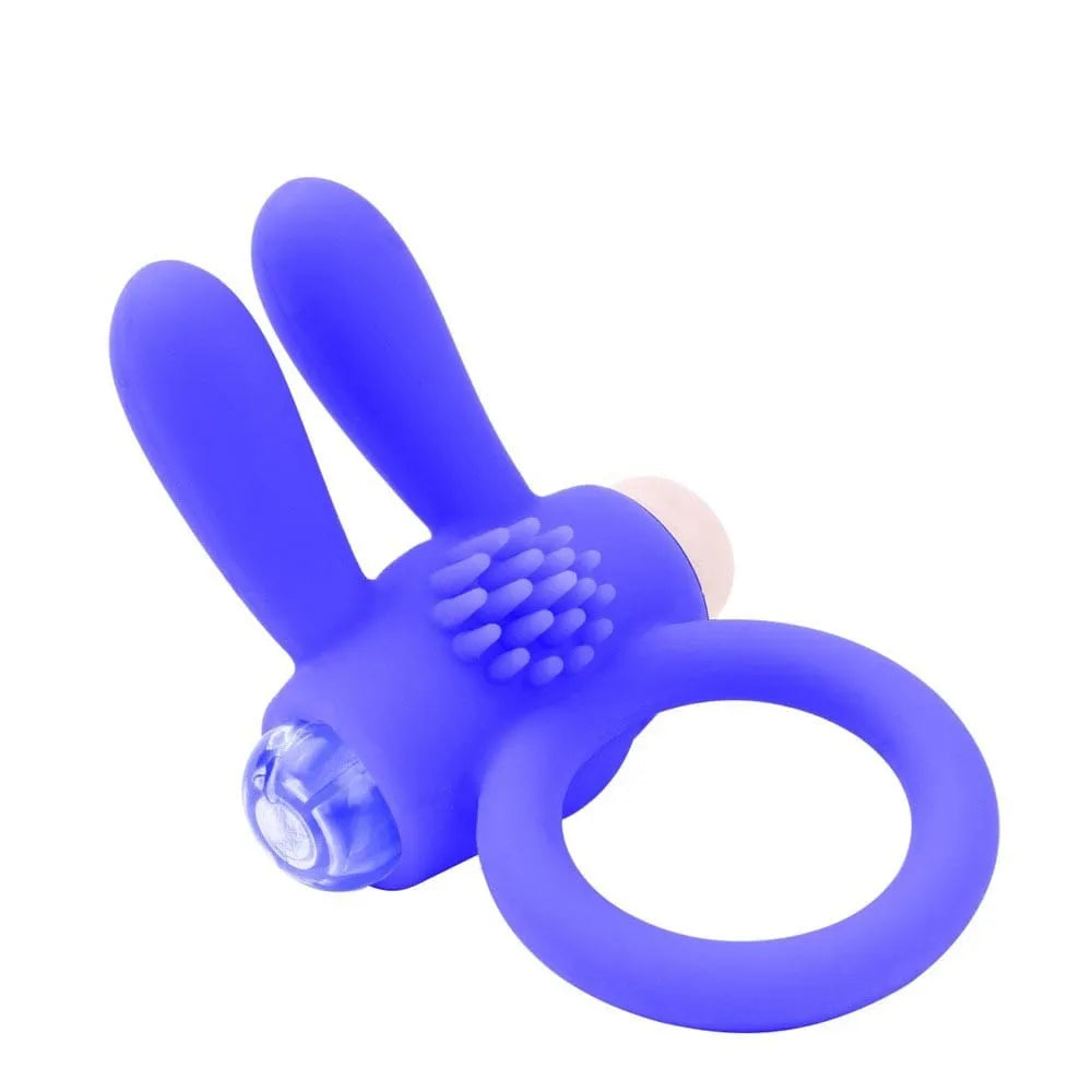 anneau pénis vibrant oreilles lapin picots bleu silicone médical extensible étanche stimulation clitoridienne doux piles boutons incluses réutilisable
