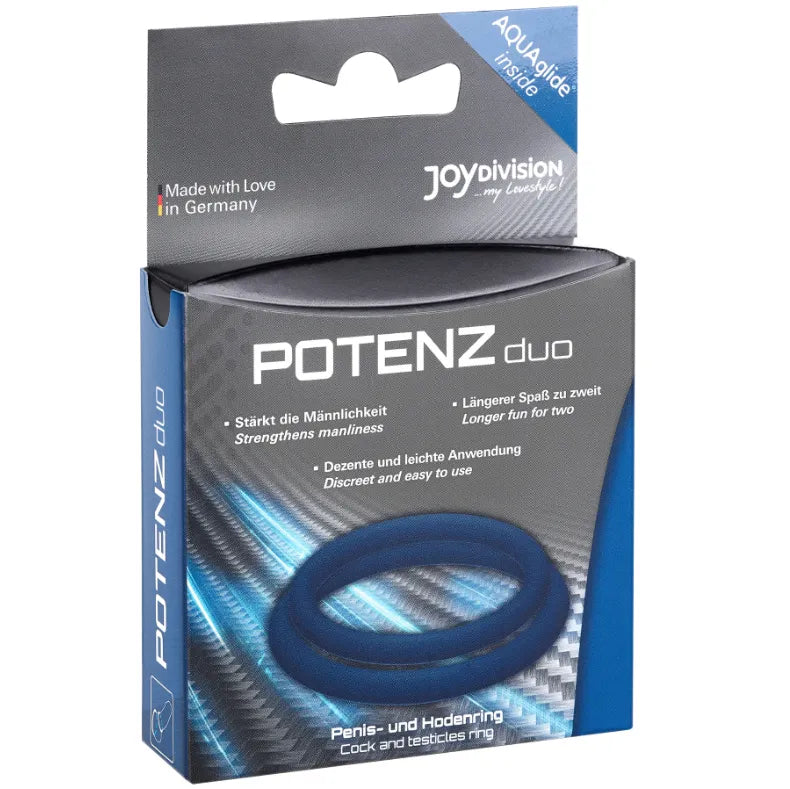 Anneaux érection renforcée duo en silicone bleu, ajustables, hypoallergéniques, pour intensité orgasmique et endurance.