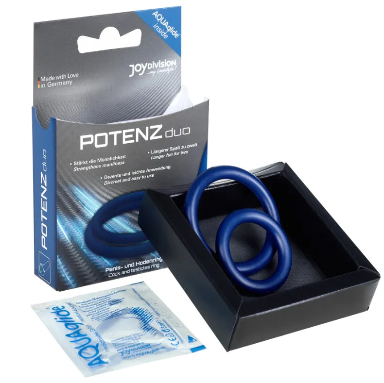Anneaux érection bleus en silicone dans boîte noire, avec emballage POTENZduo et sachet lubrifiant, pour intensité et endu...