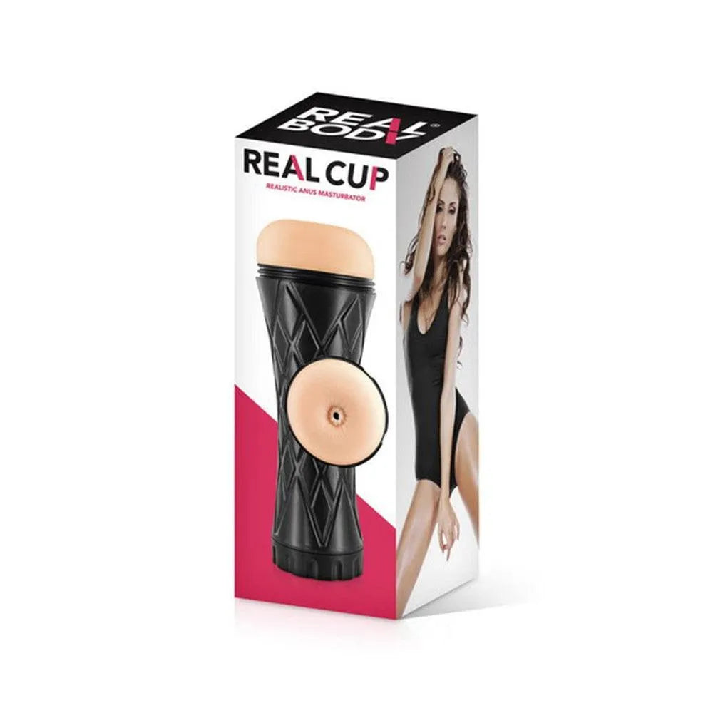 Anus masturbateur réaliste noir dans une coupe rigide avec capuchon, boîte illustrée, matériau doux, discret et confortable.