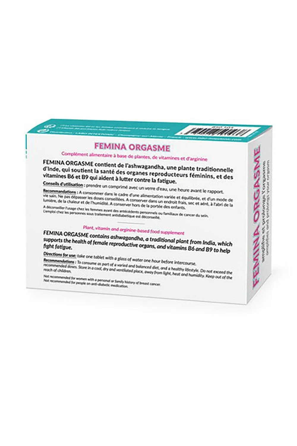 Boîte de complément alimentaire Femina Orgasme, aphrodisiaque naturel, plantes et vitamines, fond blanc, texte explicatif.