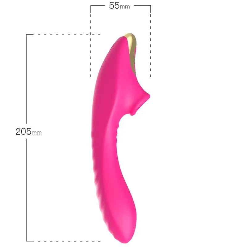 Appareil aspiration clitoridienne rose ergonomique, silicone médical, 9 modes, étanche, rechargeable, dimensions visibles.