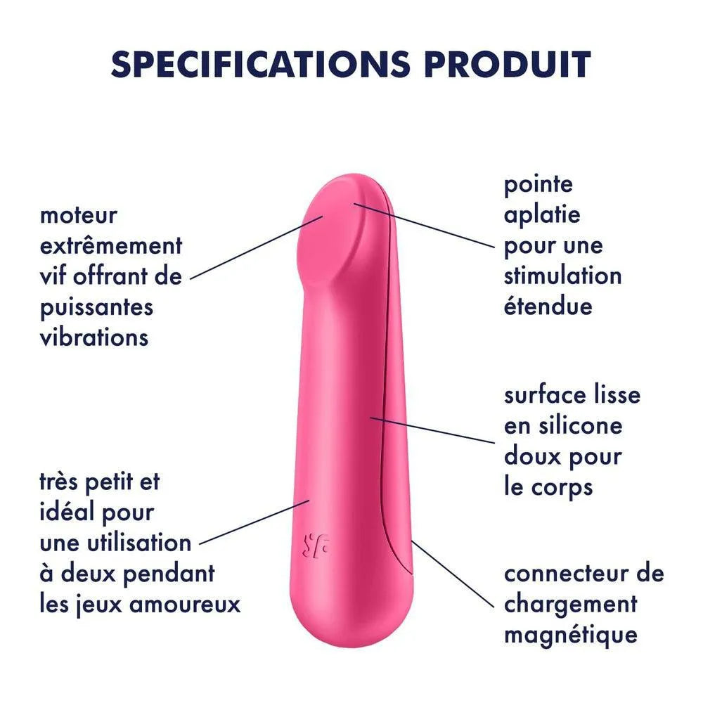 Vibromasseur rouge USB, forme compacte, silicone lisse, moteur puissant, waterproof, rechargeable, usage unisexe.