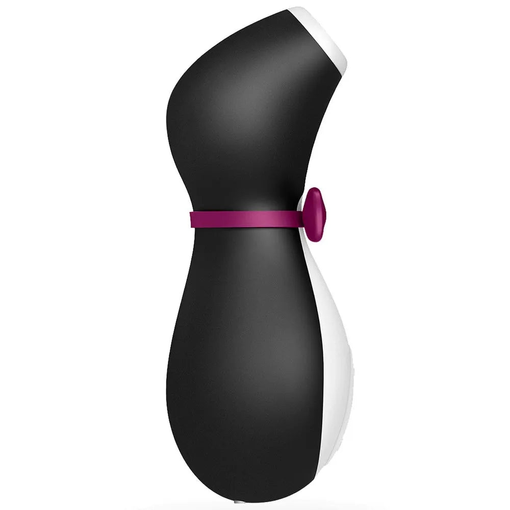 Aspire Clito noir et blanc en forme de pingouin avec nœud papillon, stimulateur clitoridien waterproof et rechargeable USB.