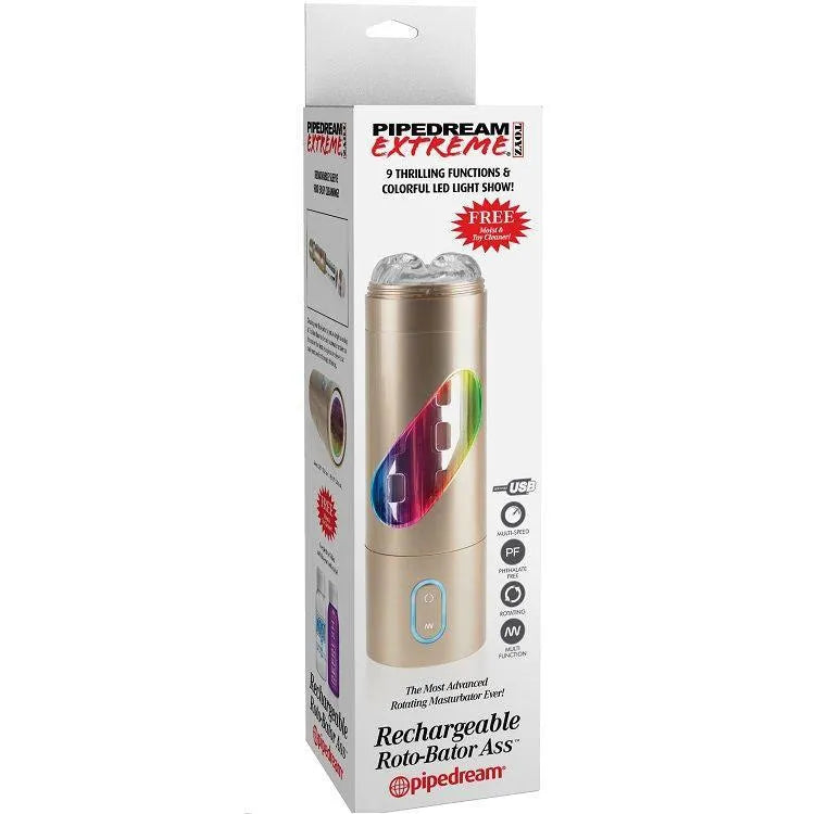 Masturbateur rotatif rechargeable doré avec LED, design ergonomique, sur boîte blanche, marque Pipedream Extreme.