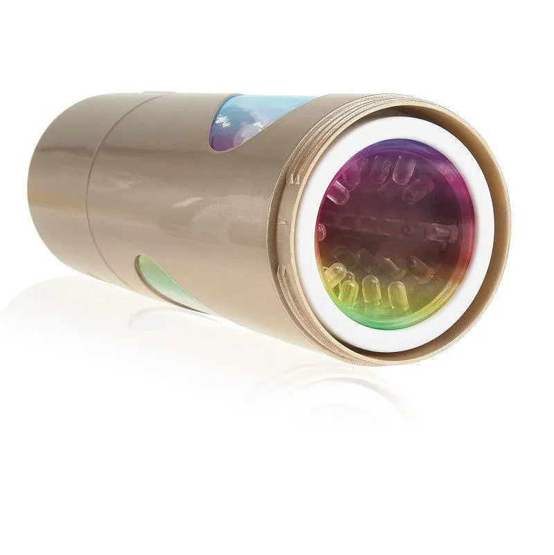 Masturbateur rotatif rechargeable doré avec manchon TPR souple, design ergonomique et détails arc-en-ciel.
