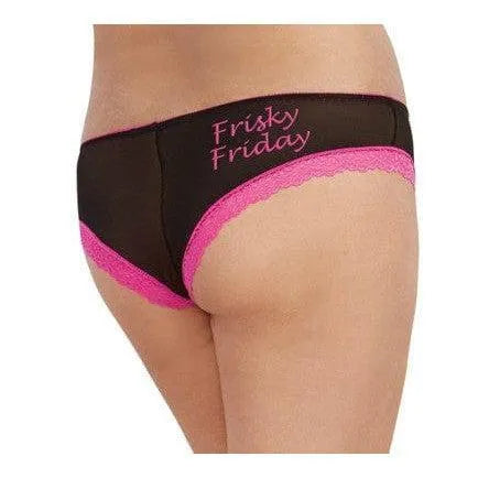 Shorty noir et rose en résille et dentelle avec inscription Frisky Friday, confort et élégance pour le week-end.