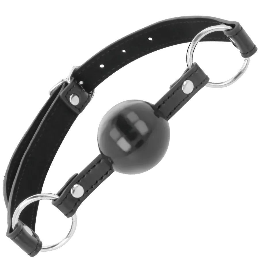 Bâillon BDSM cuir noir ajustable, lanières cousues, anneaux métalliques, élégant, taille unique, sans phtalates.