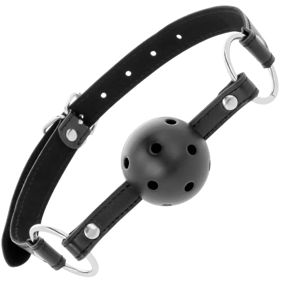 Bâillon boule en cuir noir avec sangle ajustable, coutures élégantes, idéal pour jeux BDSM, imperméable et résistant.