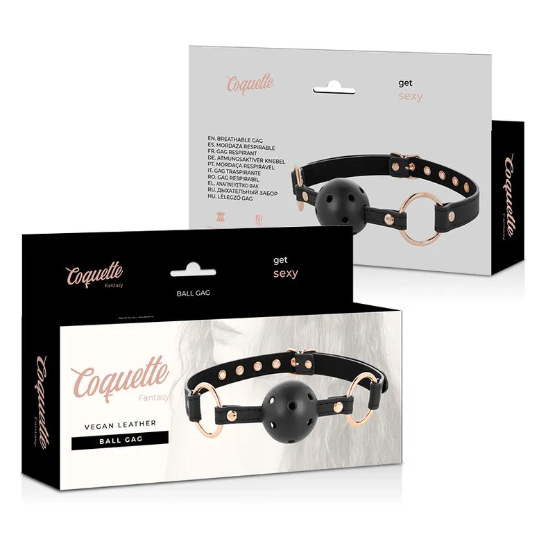 Bâillon cuir vegan noir avec boule 45mm, trous respirants, sangle réglable, métal antiallergique, emballage Coquette Chic.