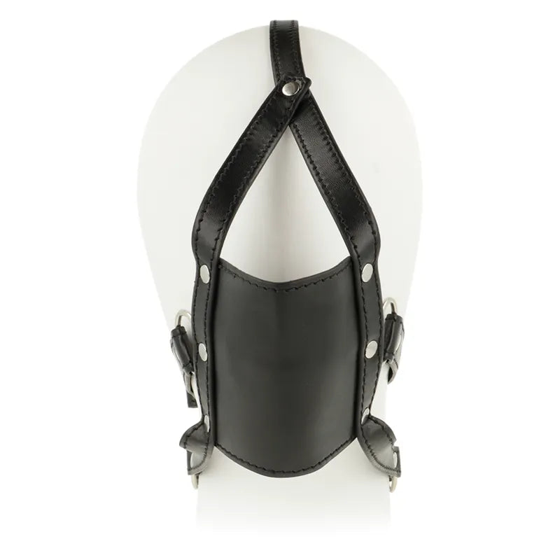 Bâillon en cuir noir fétichiste Ohmama, harnais tête ajustable, sangles et boucles, confort et sécurité pour jeux intimes.
