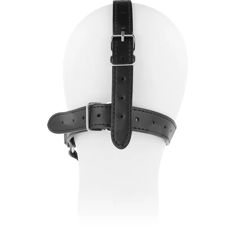 Bâillon harnais BDSM noir en acier inoxydable, sangle réglable, robuste, confort optimal, exploration fétichiste.