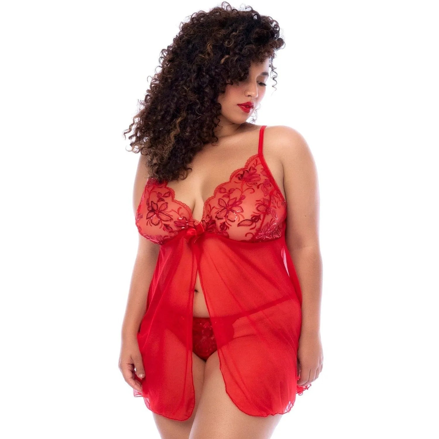 babydoll floral transparent string assorti paillettes bretelles réglables ouverture avant ample silhouette flatteuse dentelle qualité supérieure entretien délicat