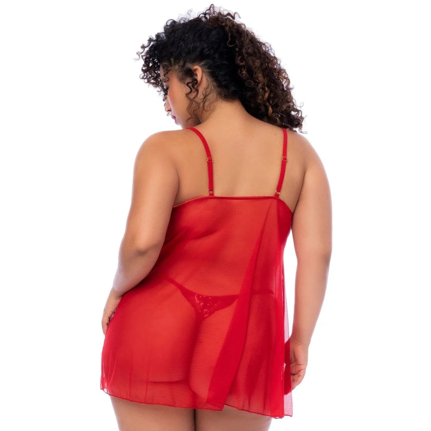 Babydoll rouge transparent floral avec paillettes, bretelles réglables, ouverture devant, string assorti, silhouette flatt...