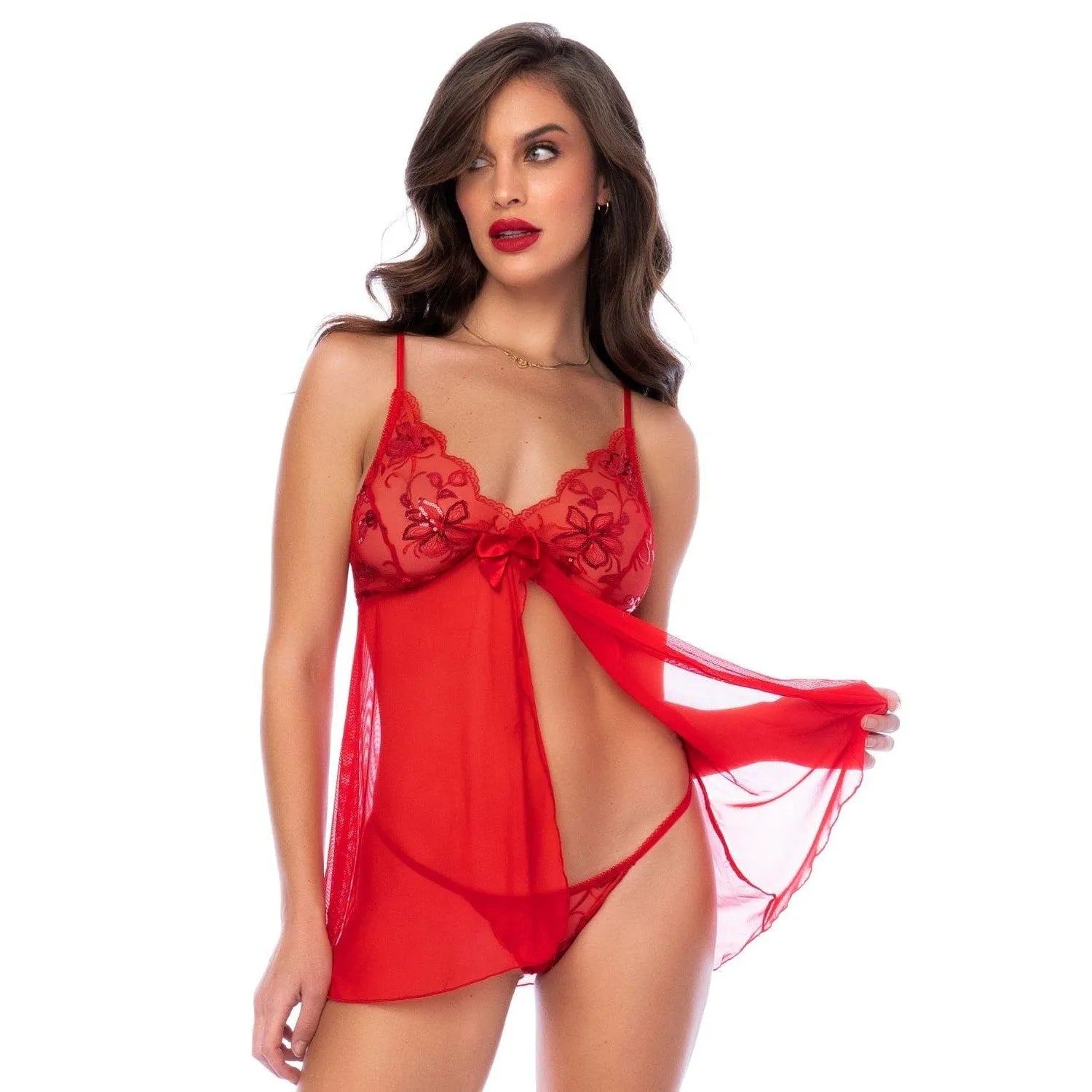 babydoll transparent motif floral délicat ouverture devant bretelles réglables string assorti lingerie sexy sensualité raffinée tissu extensible dentelle élégante