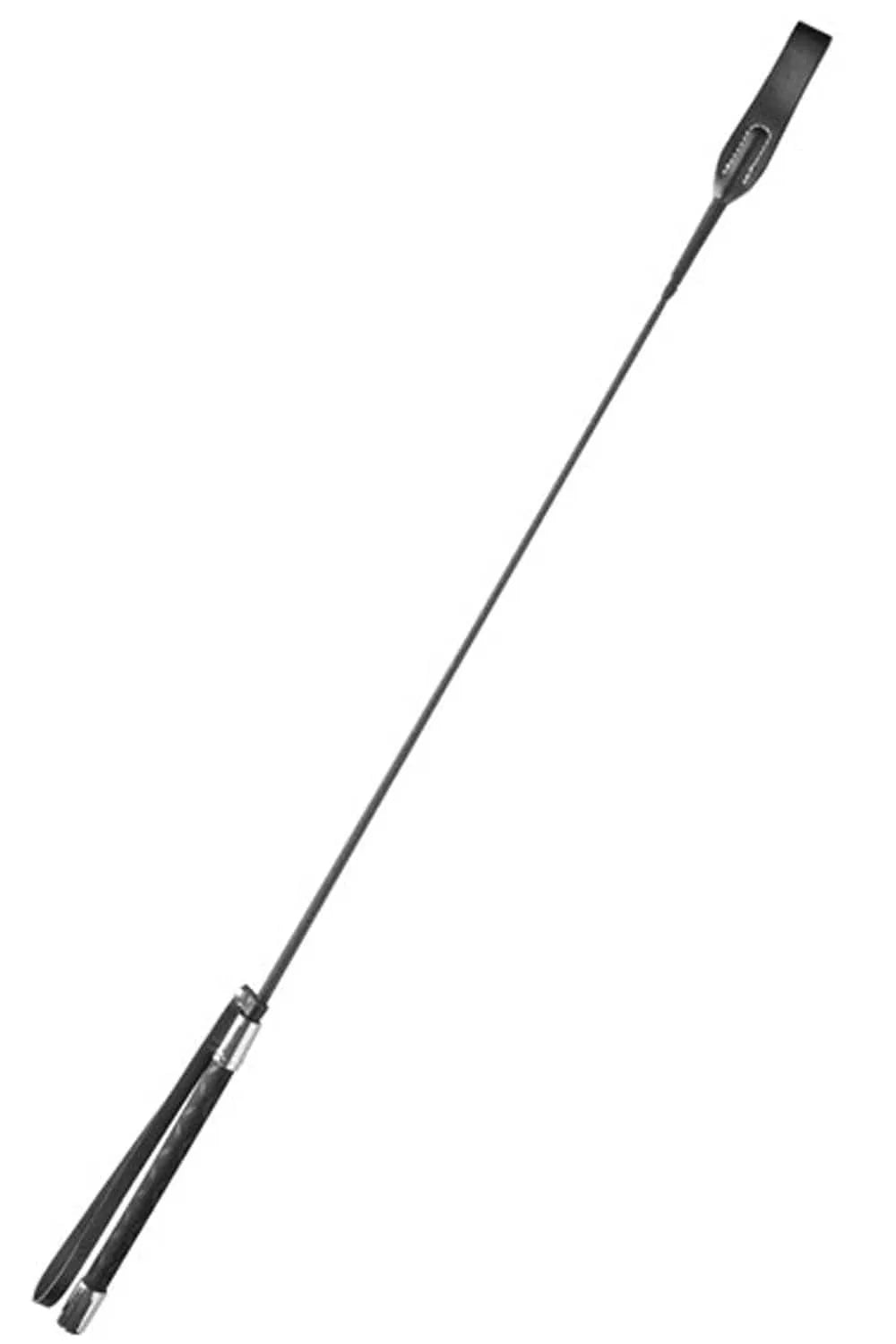 Cravache BDSM noire 60cm rigide, embout tapette, poignée dragonne, pour domination et sensations intenses.